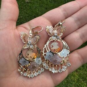 Gold and Silver Chandelier Earrings with Filigree and Crystals